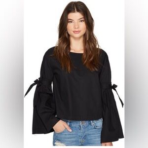 Free People Black Cotton Bell Sleeve Blouse With Side Bows & Tie-Back Detail  M